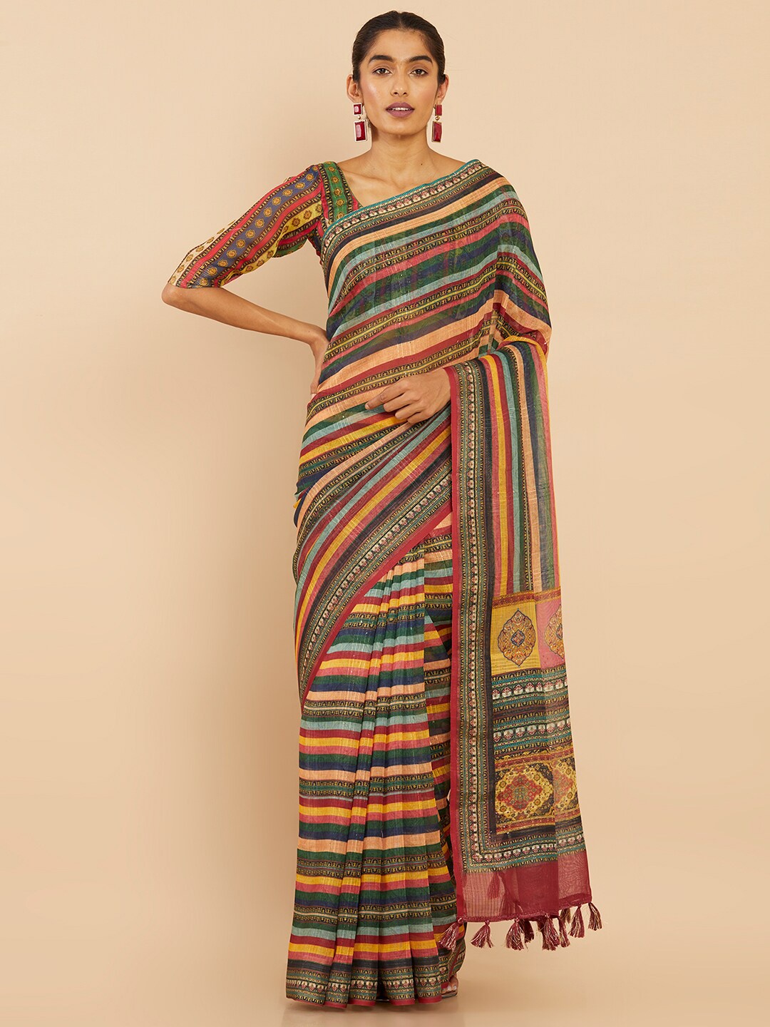 

Soch Green & Orange Striped Pure Linen Saree