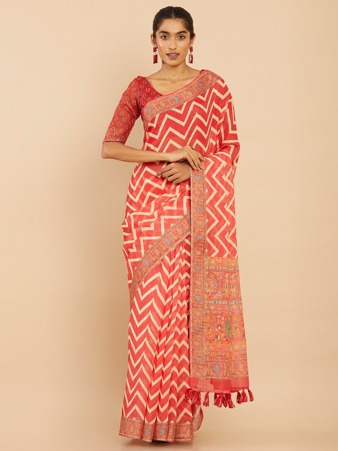 

Soch Red & White Printed Pure Linen Saree