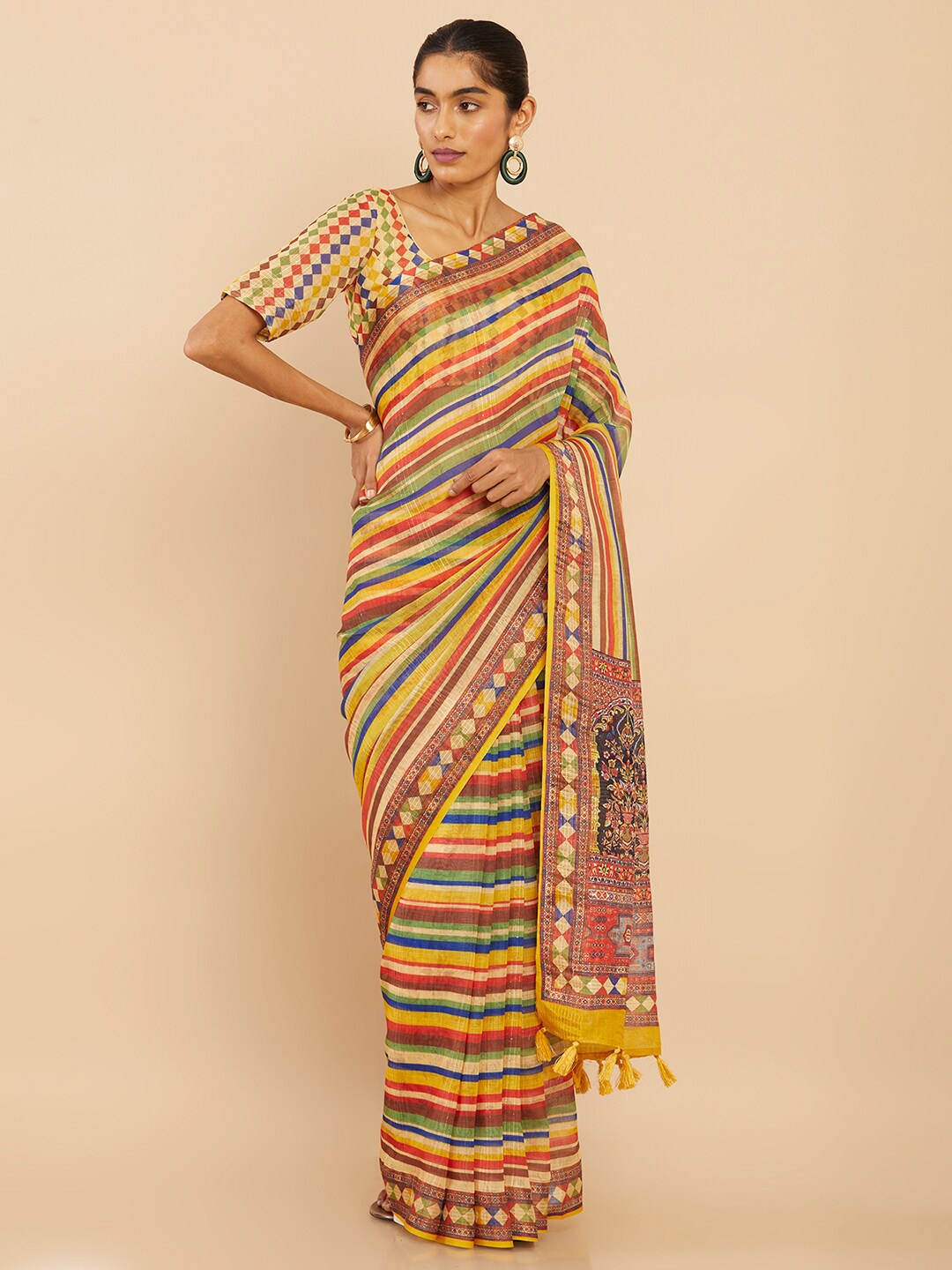 

Soch Mustard & Blue Striped Pure Linen Saree