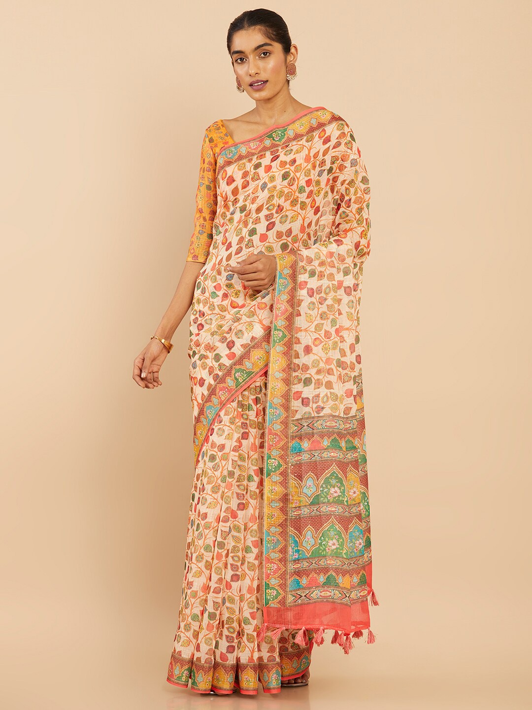 

Soch Cream-Coloured & Blue Pure Linen Saree
