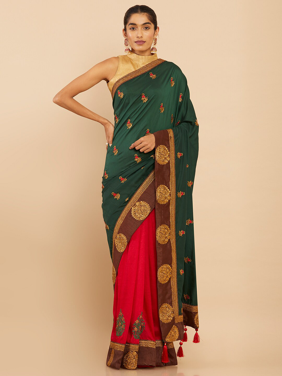 

Soch Green & Red Floral Embroidered Art Silk Saree