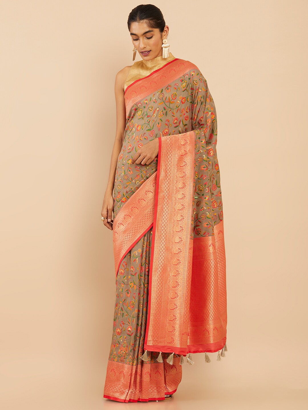 

Soch Olive Green & Gold-Toned Floral Zari Art Silk Saree