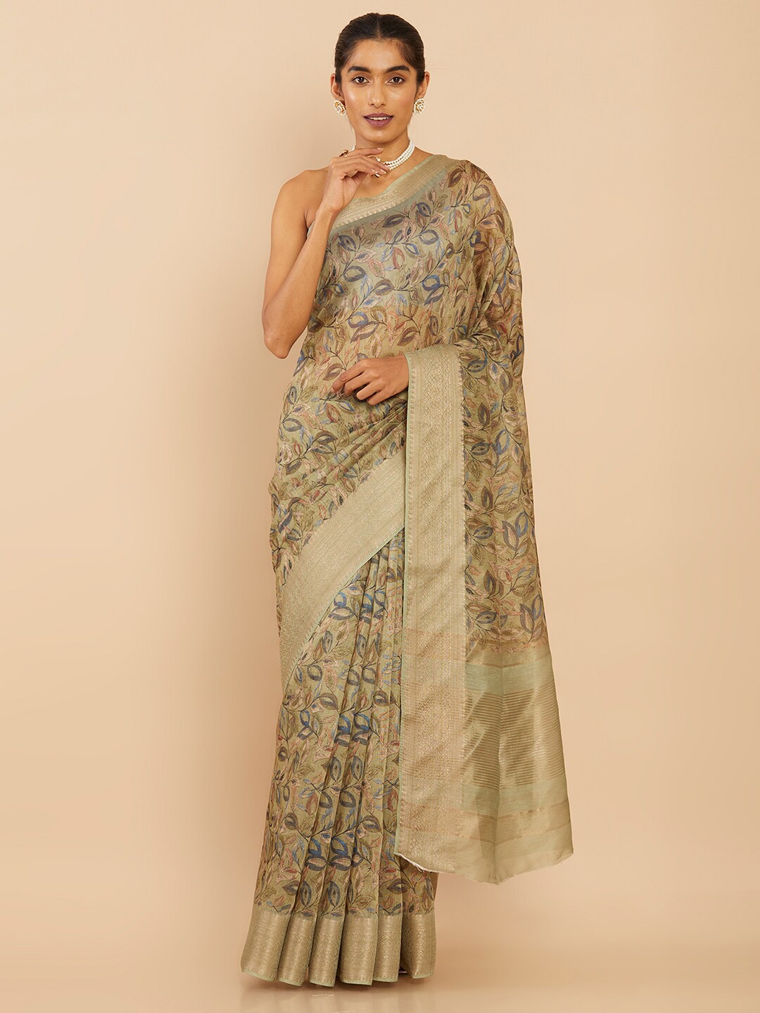 

Soch Olive Green & Gold-Toned Floral Zari Art Silk Saree