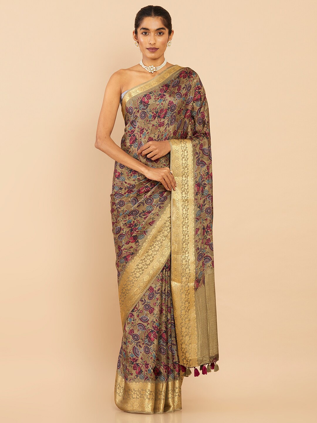 

Soch Olive Green & Blue Floral Zari Art Silk Saree