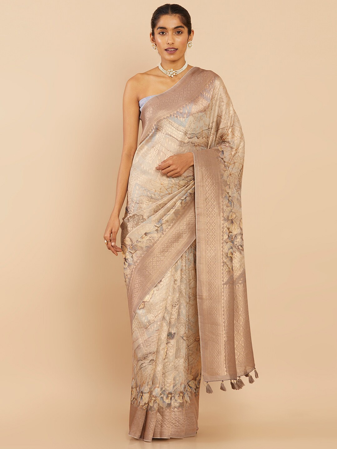 

Soch Beige & Gold-Toned Woven Design Zari Pure Cotton Saree