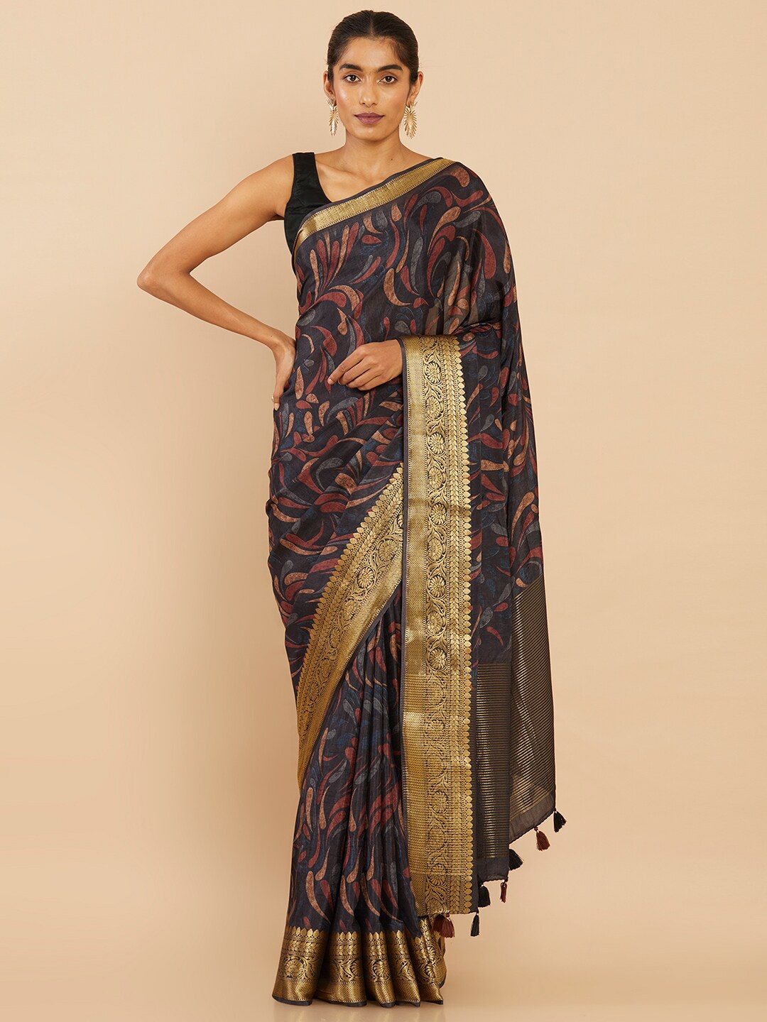 

Soch Black & Gold-Toned Ethnic Motifs Zari Art Silk Saree