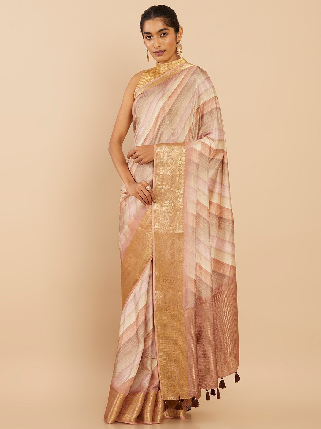 

Soch Pink & White Striped Art Silk Saree