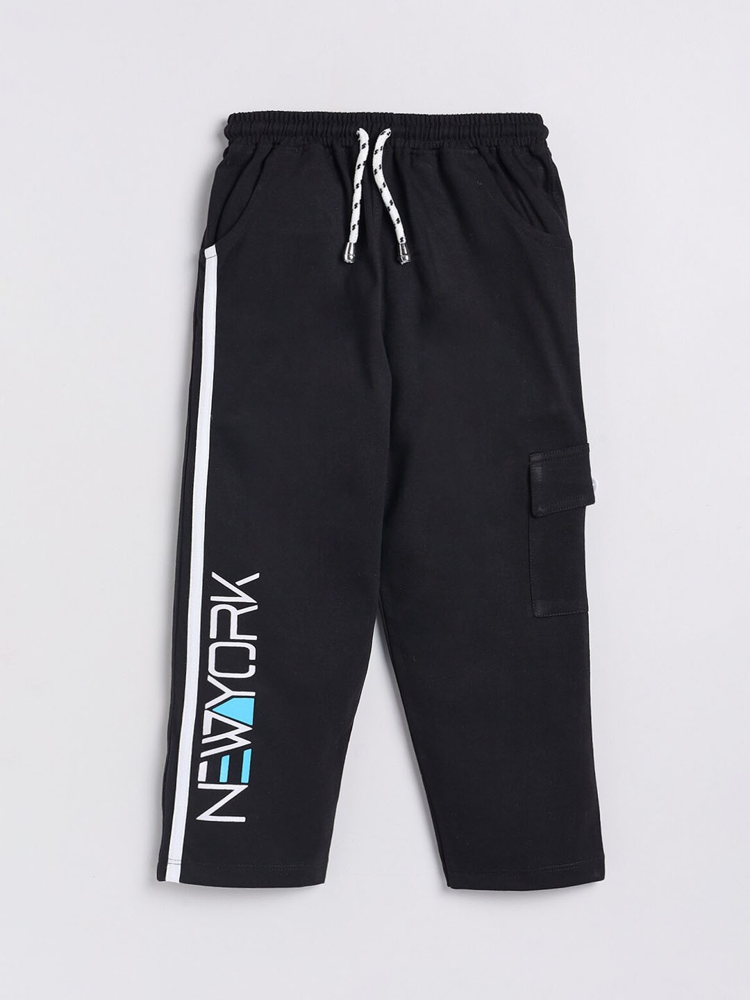 

Nottie Planet Boys Black Printed Pure Cotton Drawstring Track Pants