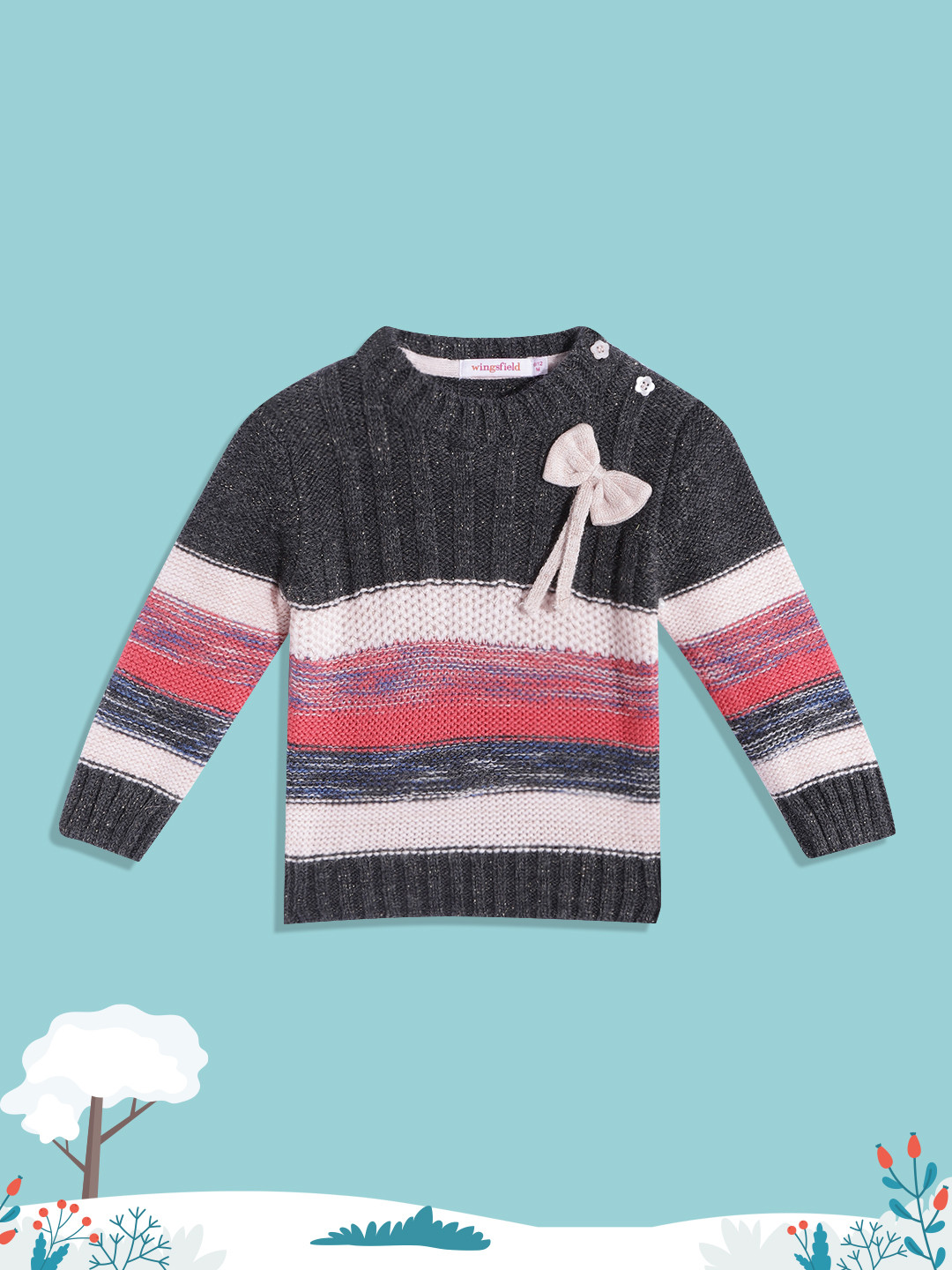 

Wingsfield Girls Grey & Pink Striped Pullover