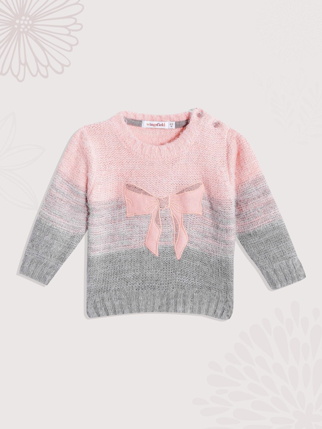 

Wingsfield Girls Peach-Coloured & Grey Colourblocked Pullover with Embroidered Detail