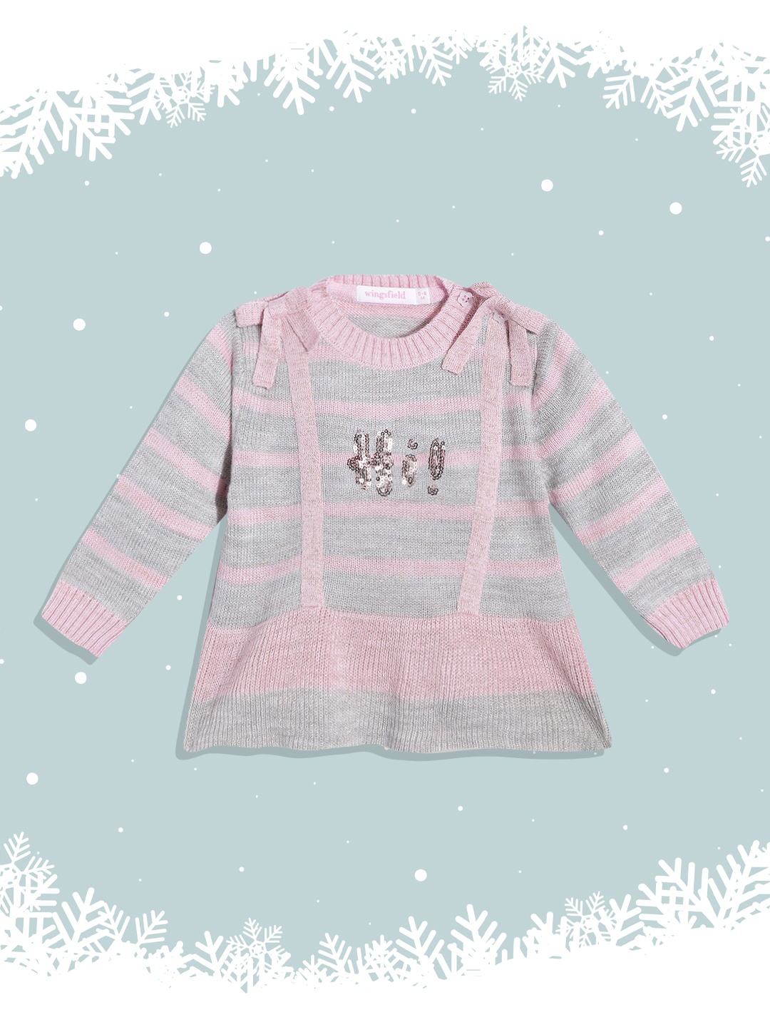 

Wingsfield Girls Grey & Pink Striped Pullover with Embellished Detail