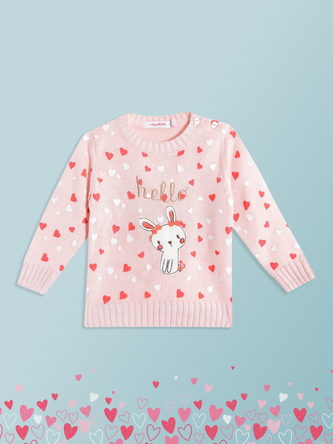 

Wingsfield Girls Peach-Coloured & Red Printed Pullover with Embroidered Detail