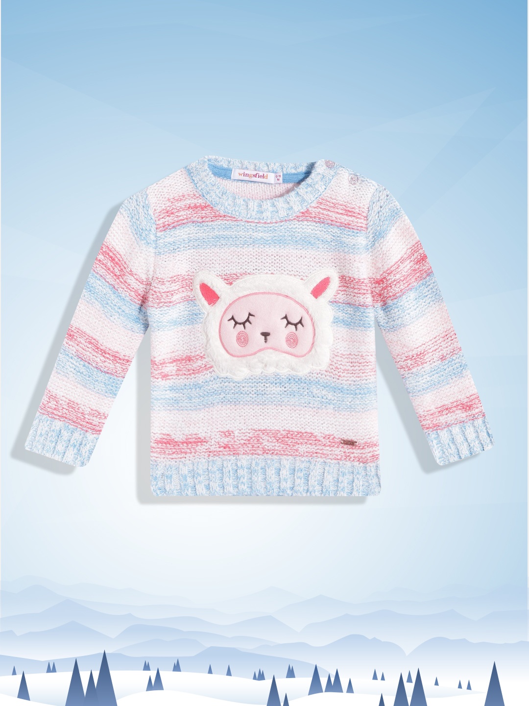 

Wingsfield Girls Blue & Pink Striped Acrylic Pullover with Applique Detail