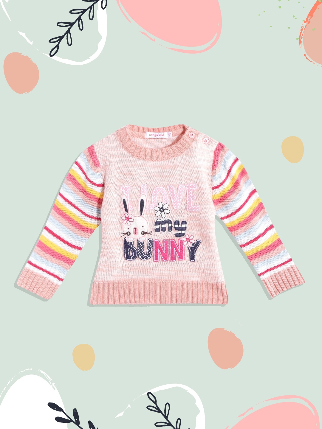 

Wingsfield Girls Peach-Coloured Graphic Acrylic Pullover