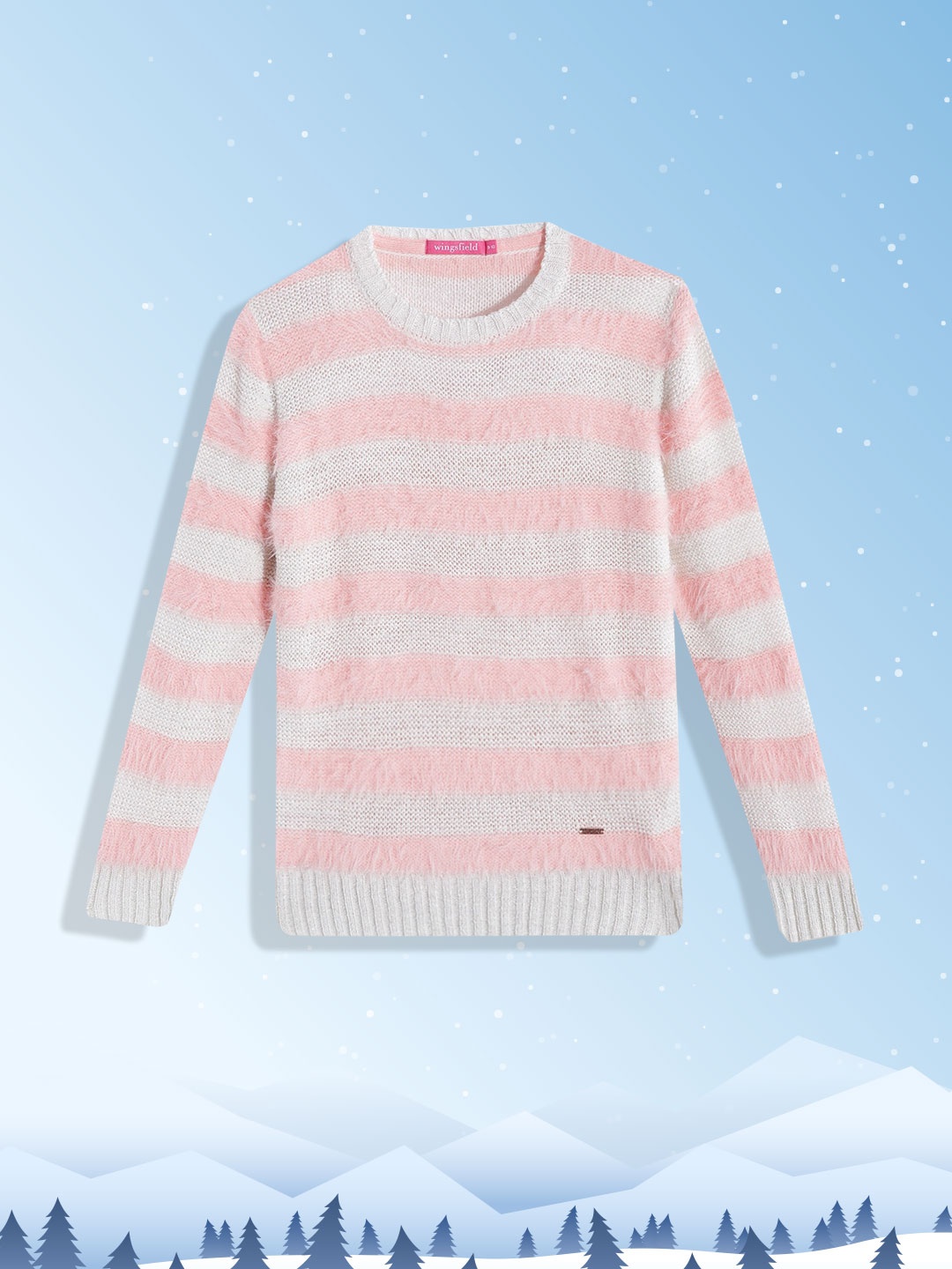 

Wingsfield Girls Peach-Coloured & White Striped Pullover with Fuzzy Detail