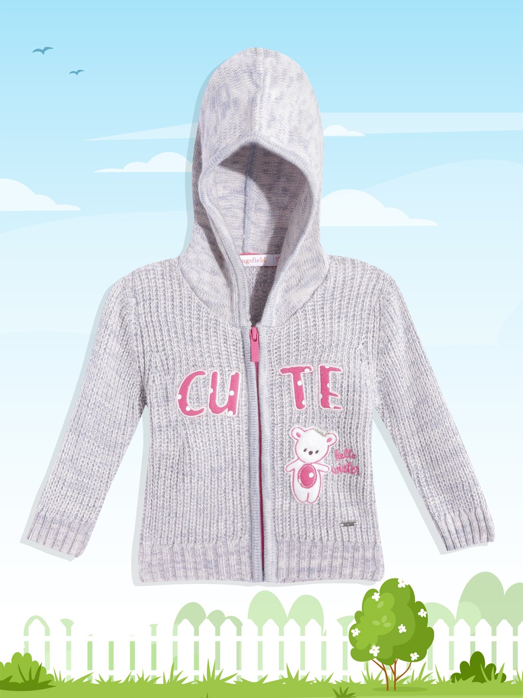 

Wingsfield Girls Grey & Pink Typography Printed Sweater with Zip Detail
