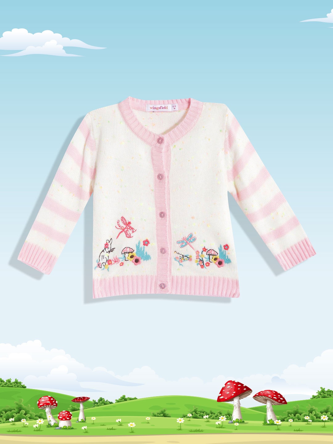 

Wingsfield Girls Cream-Coloured & Pink Embroidered Acrylic Cardigan