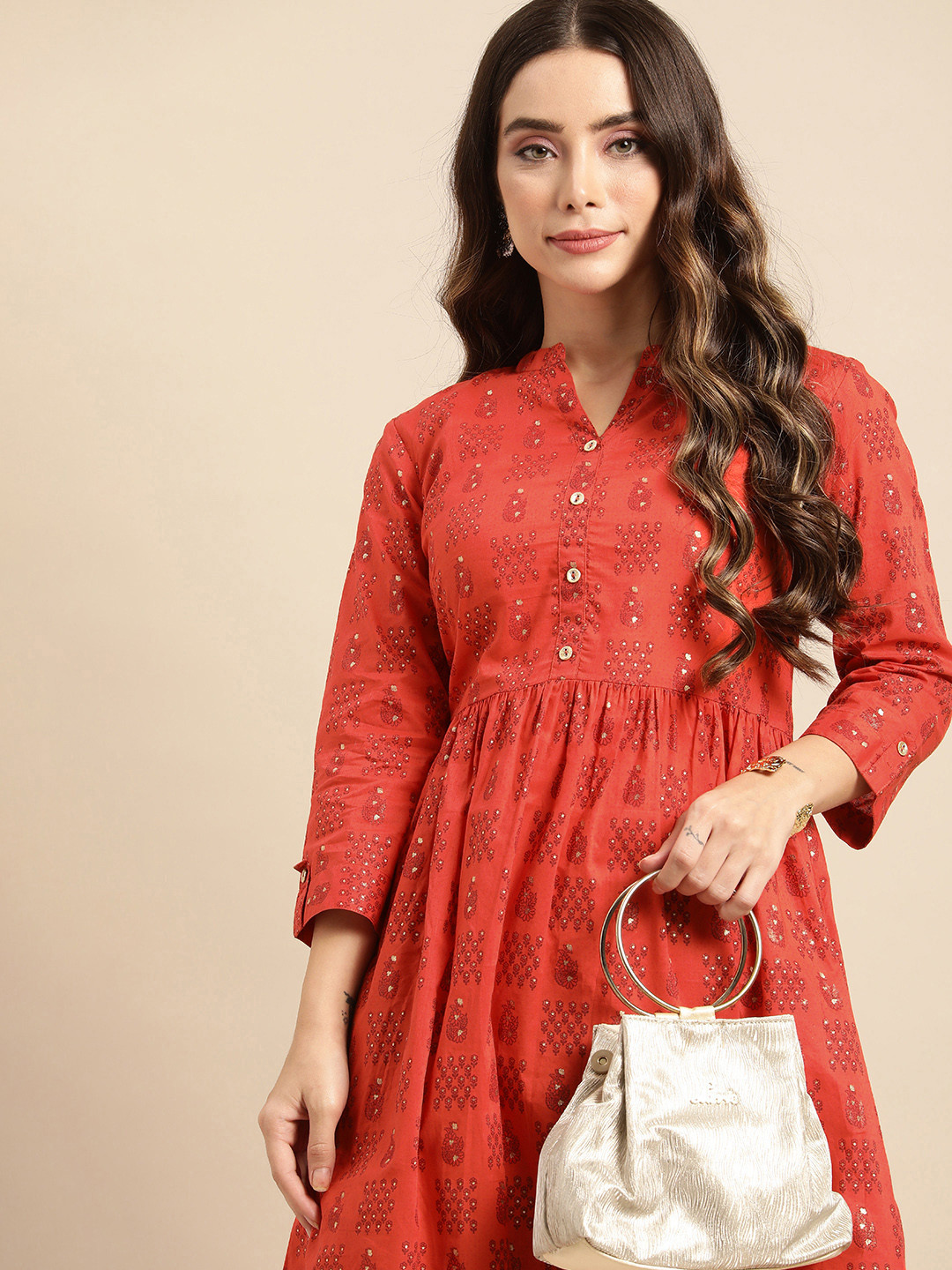 

Sangria Women Ethnic Motifs Printed Cotton A-Line Kurta, Orange