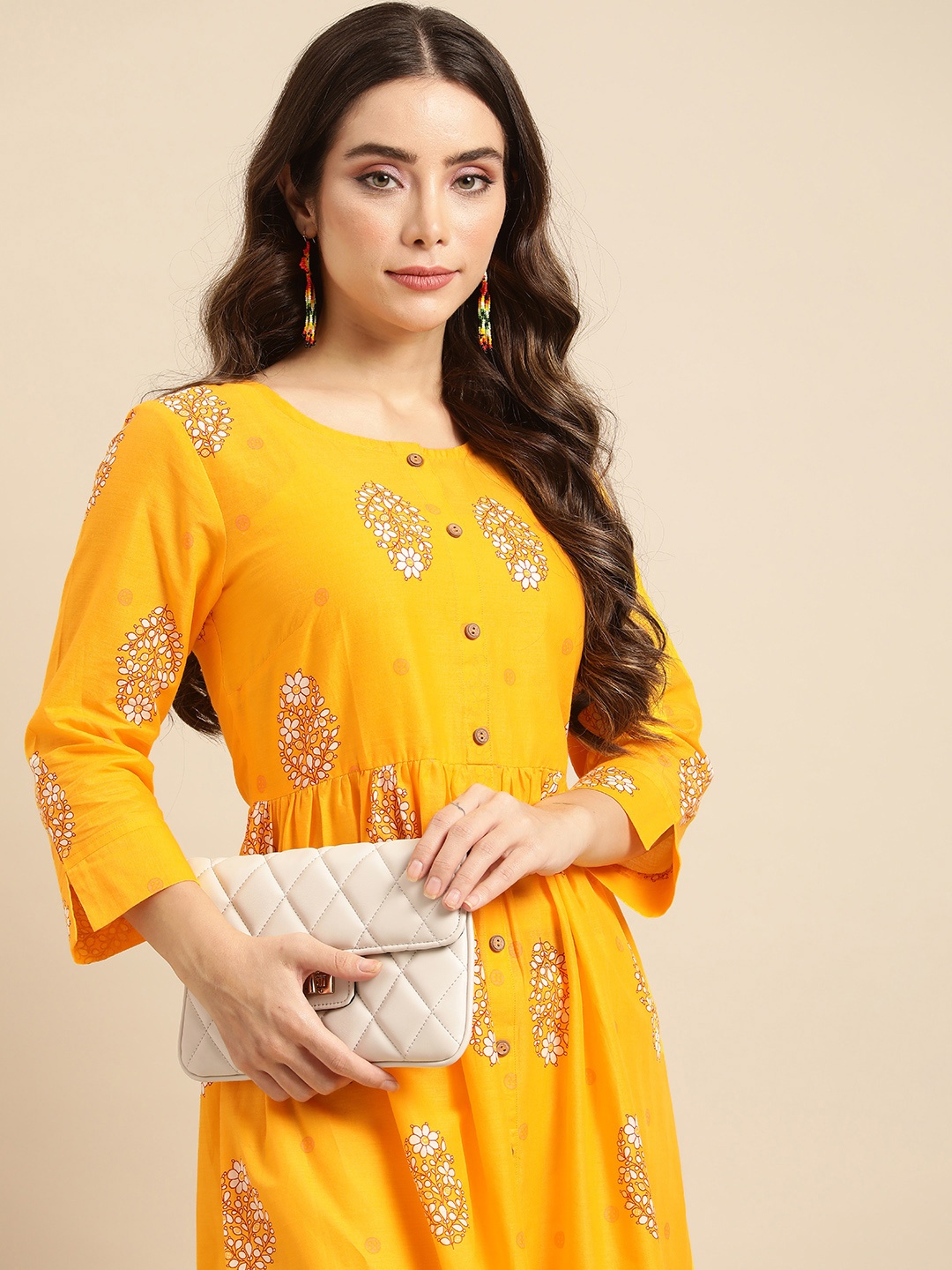 

Sangria Women Ethnic Motifs Printed Cotton A-Line Kurta, Yellow