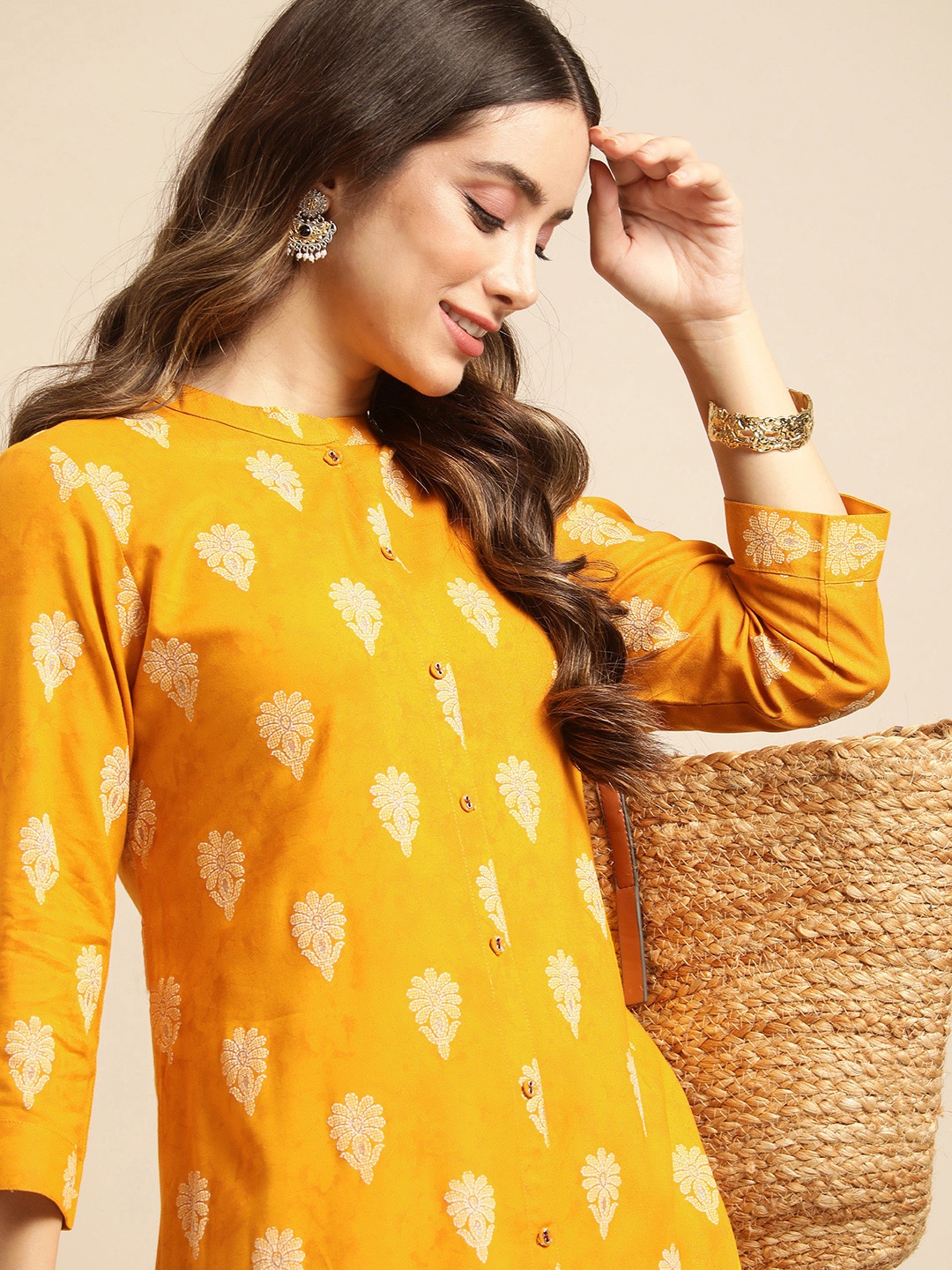 

Sangria Women Ethnic Motifs Printed A-line Kurta, Yellow