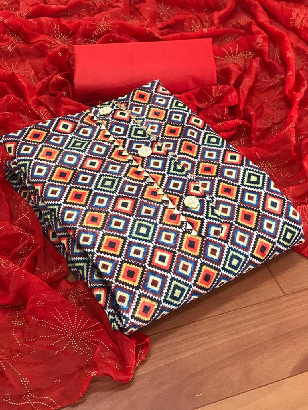 

MORLY Red & White Dupion Silk Unstitched Dress Material