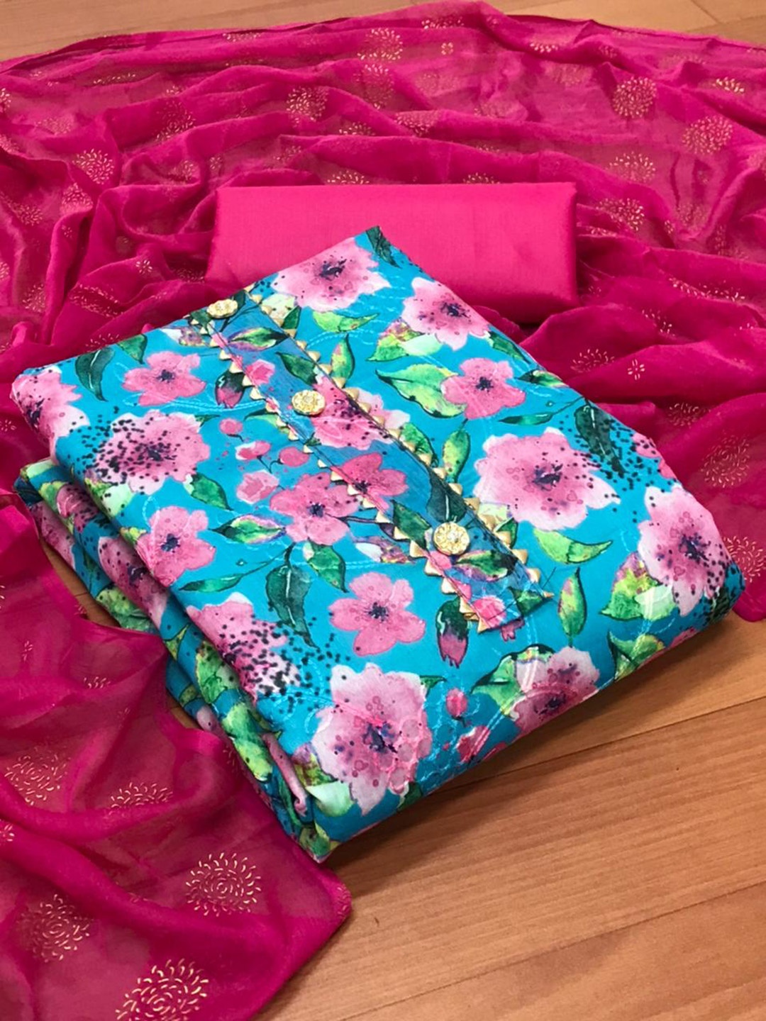 

MORLY Pink & Blue Dupion Silk Unstitched Dress Material