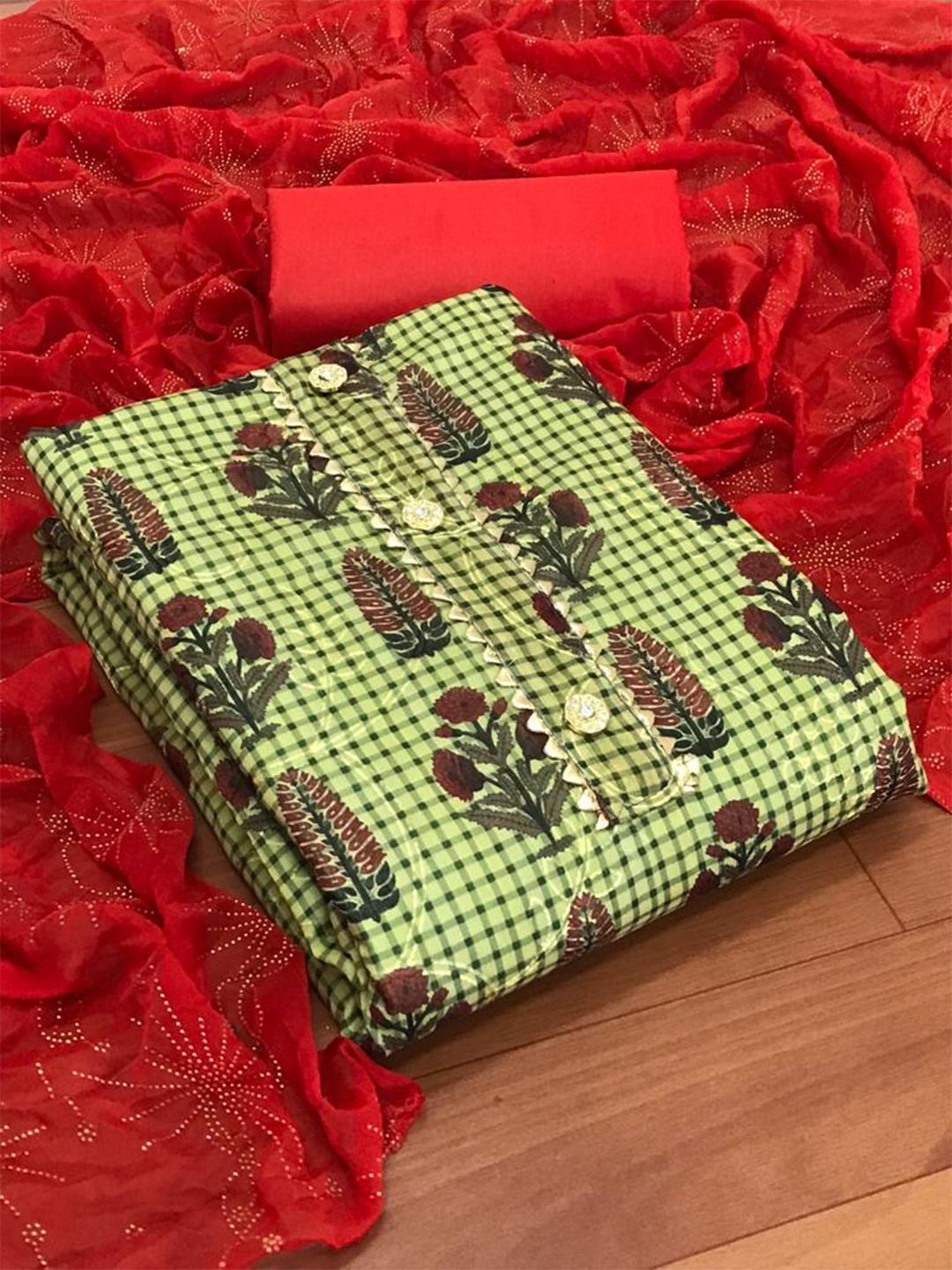 

MORLY Red & Green Dupion Silk Unstitched Dress Material