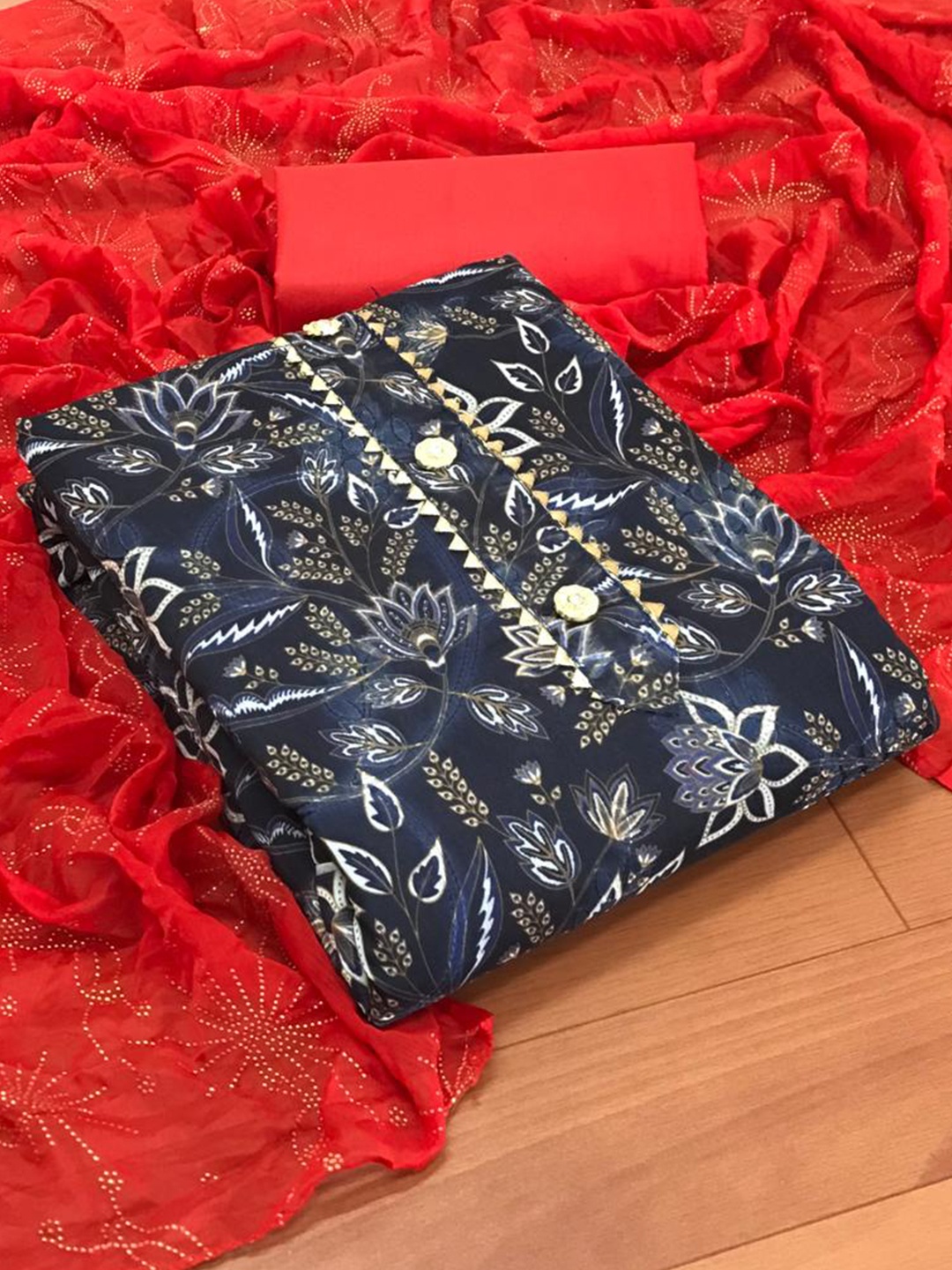 

MORLY Red & Blue Dupion Silk Unstitched Dress Material
