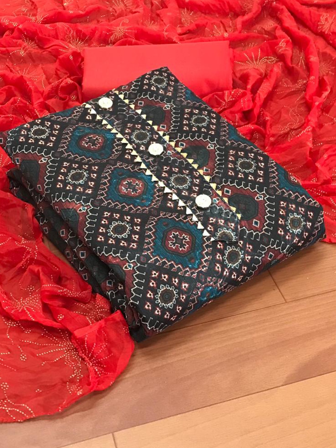 

MORLY Red & Blue Dupion Silk Unstitched Dress Material
