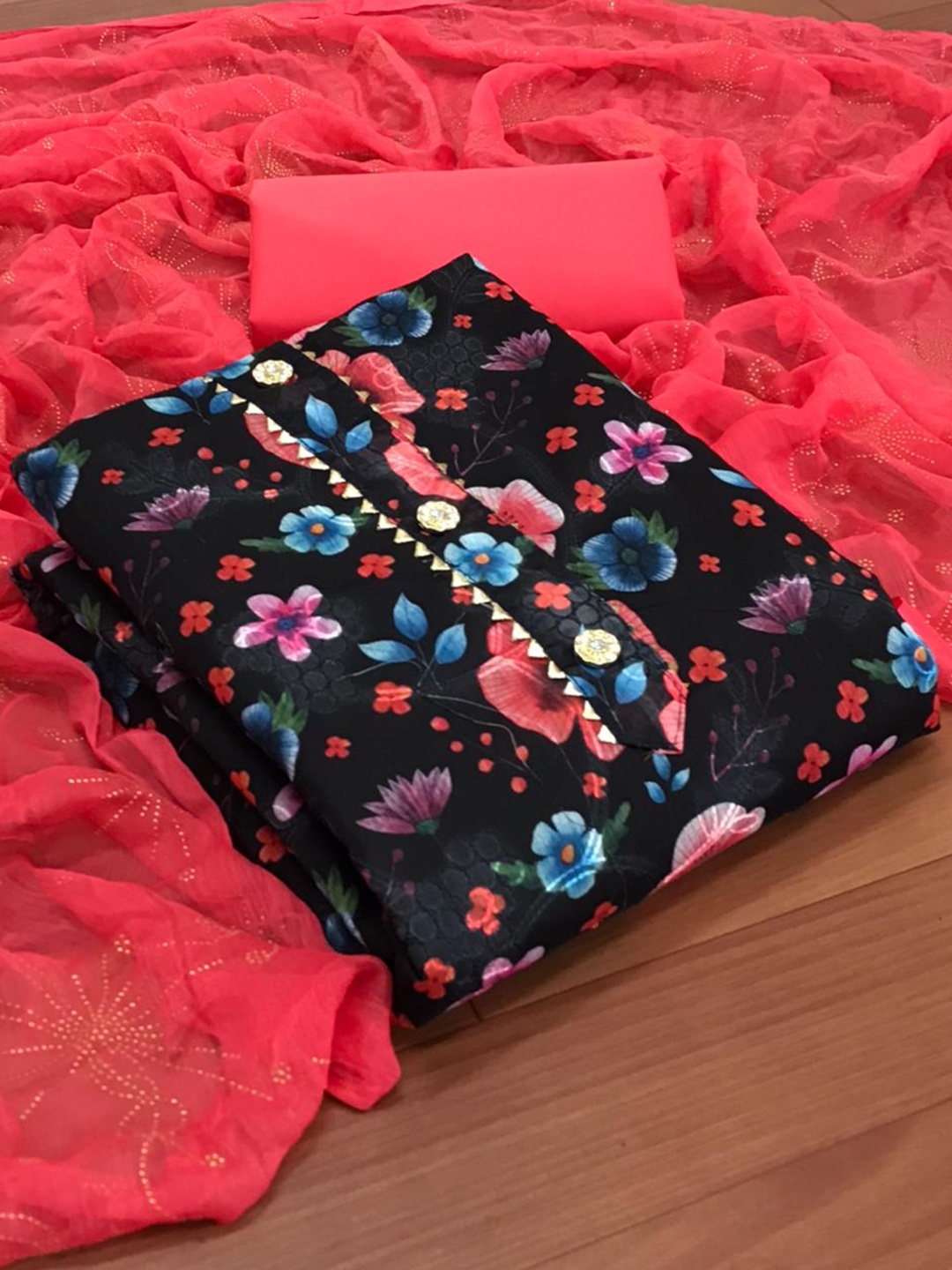 

MORLY Red & Black Dupion Silk Unstitched Dress Material