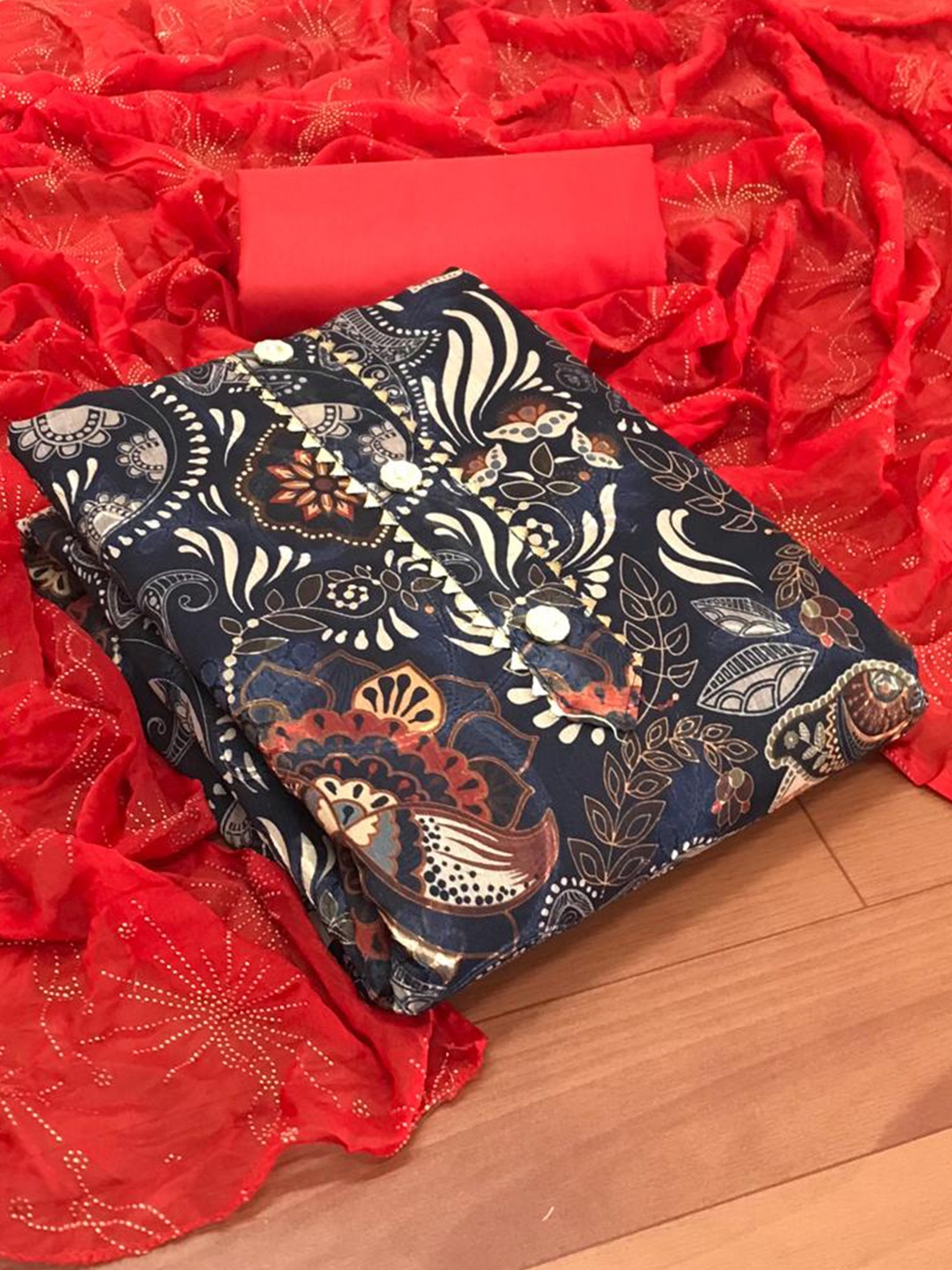 

MORLY Red & Blue Dupion Silk Unstitched Dress Material