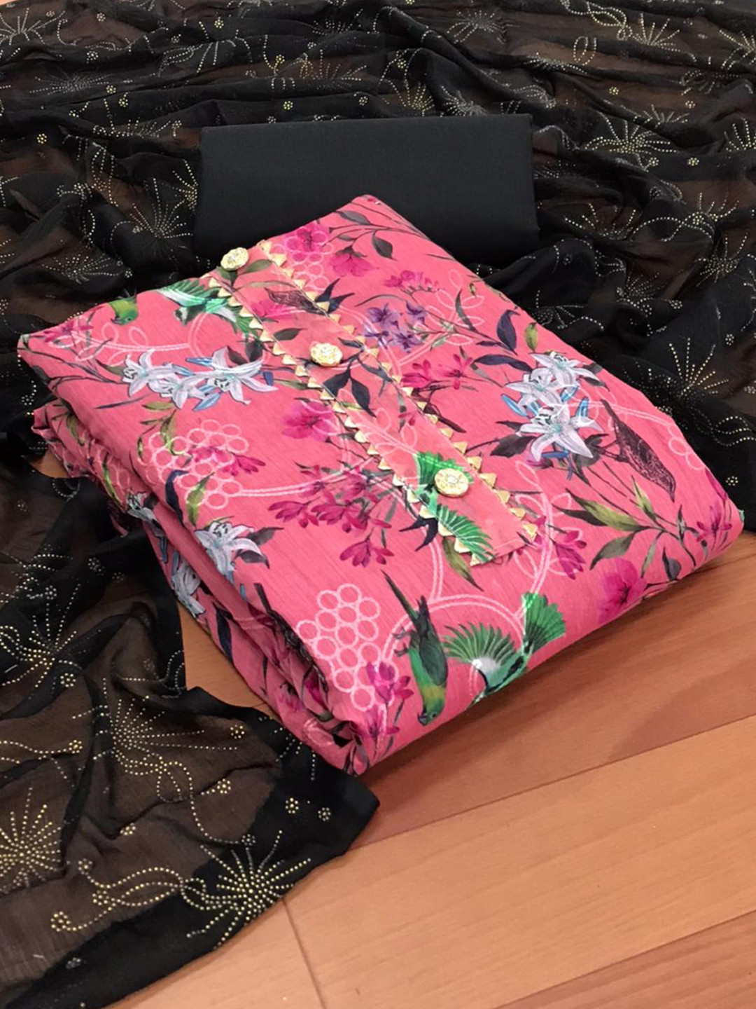 

MORLY Black & Pink Dupion Silk Unstitched Dress Material