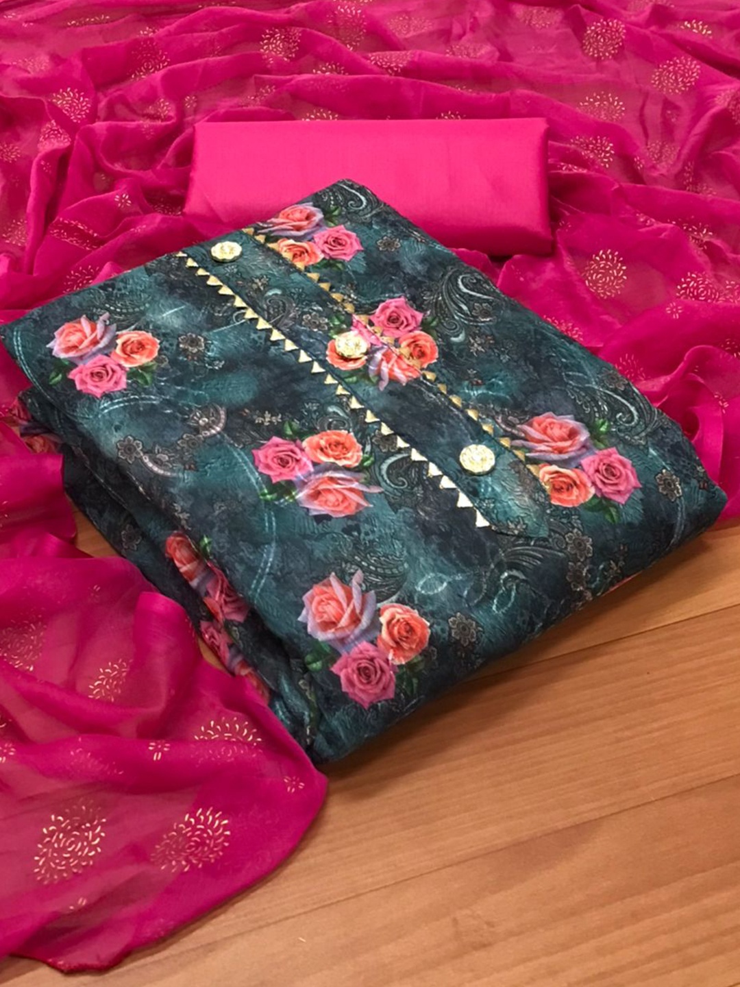 

MORLY Pink & Blue Dupion Silk Unstitched Dress Material