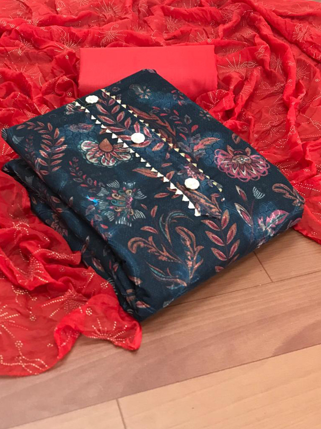 

MORLY Red & Navy Blue Dupion Silk Unstitched Dress Material