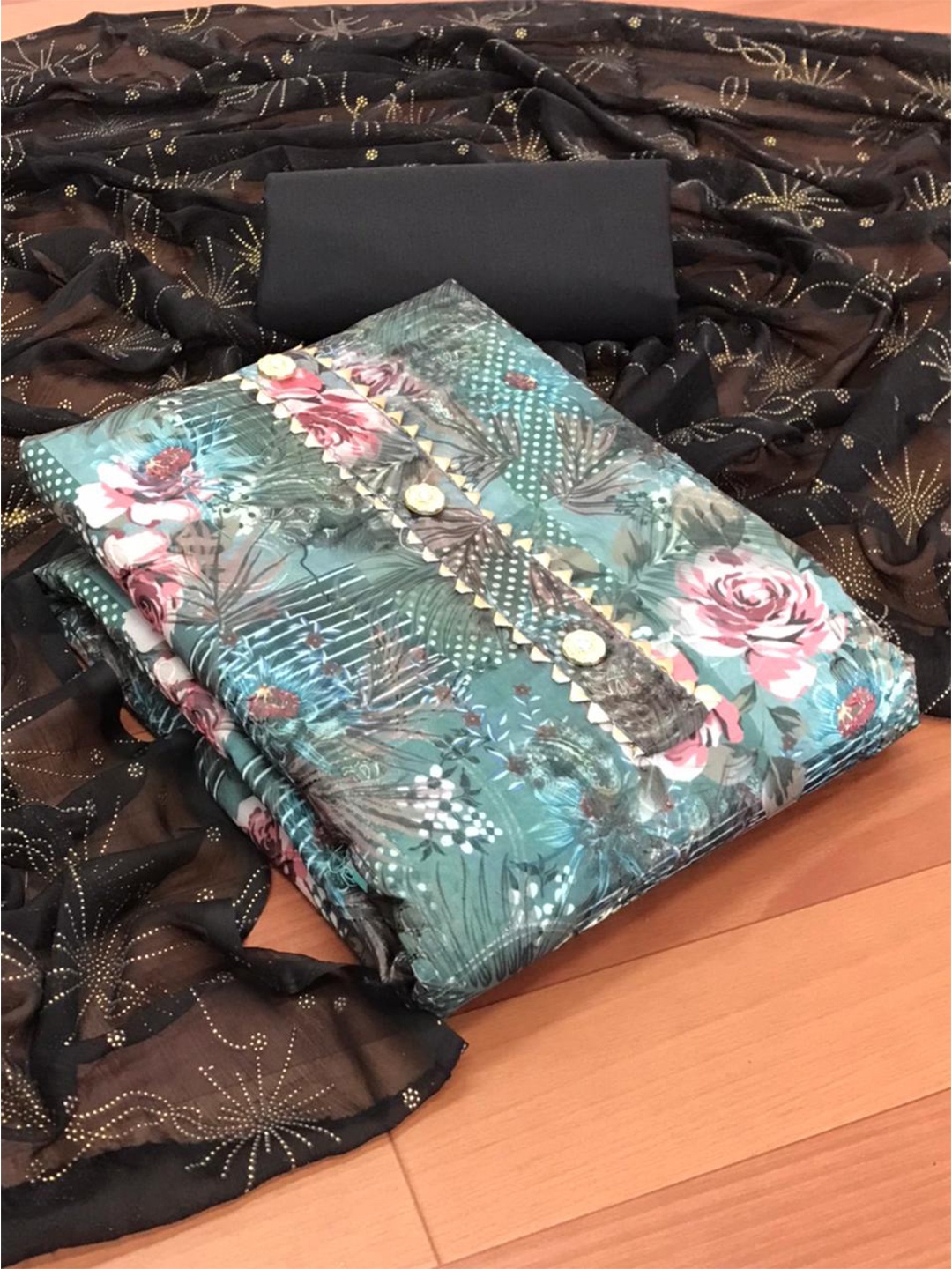 

MORLY Black & Blue Dupion Silk Unstitched Dress Material