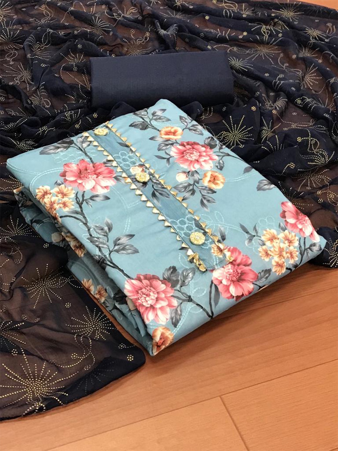 

MORLY Grey & Blue Dupion Silk Unstitched Dress Material
