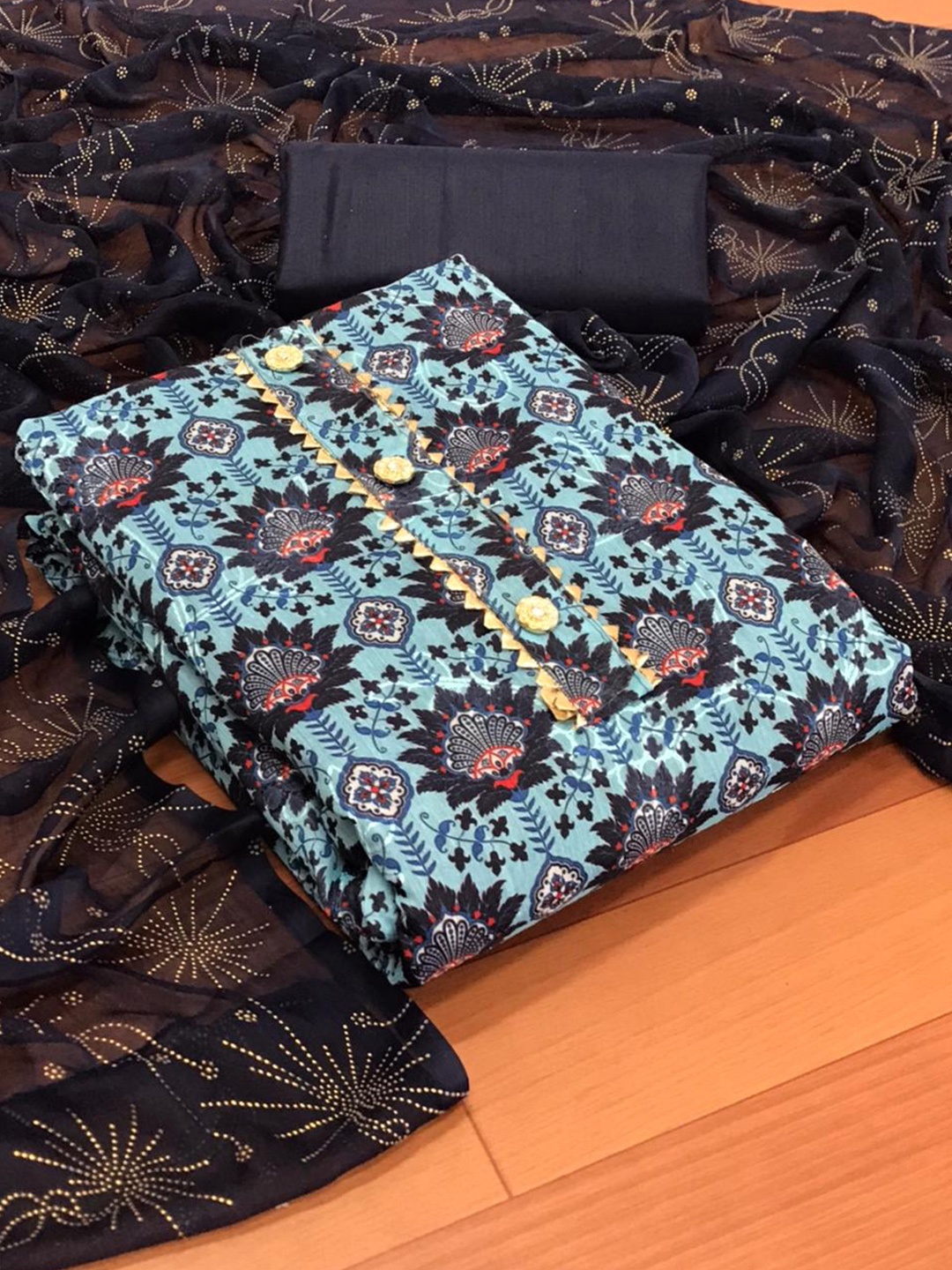 

MORLY Blue & Pink Dupion Silk Unstitched Dress Material