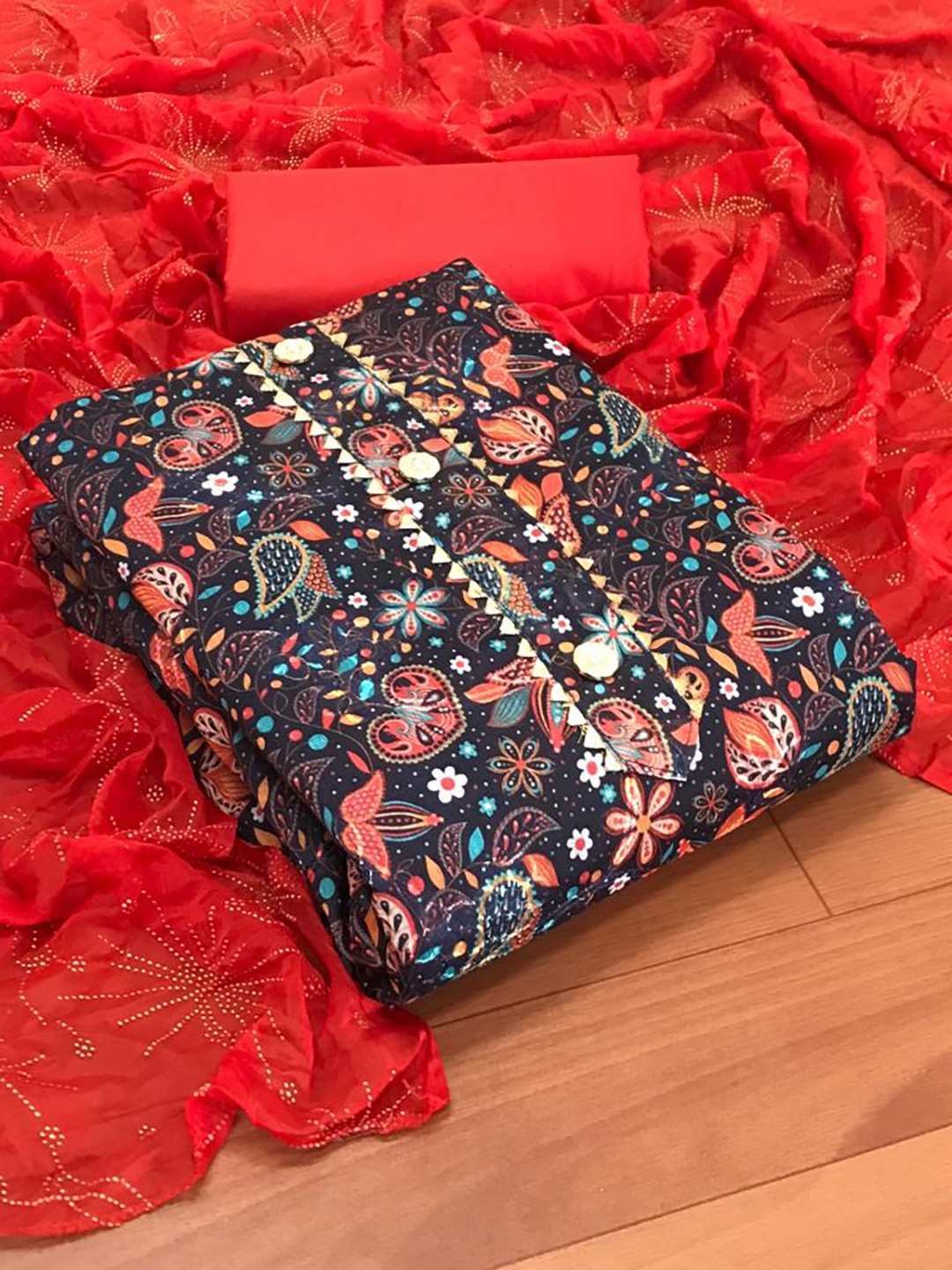 

MORLY Red & Black Dupion Silk Unstitched Dress Material