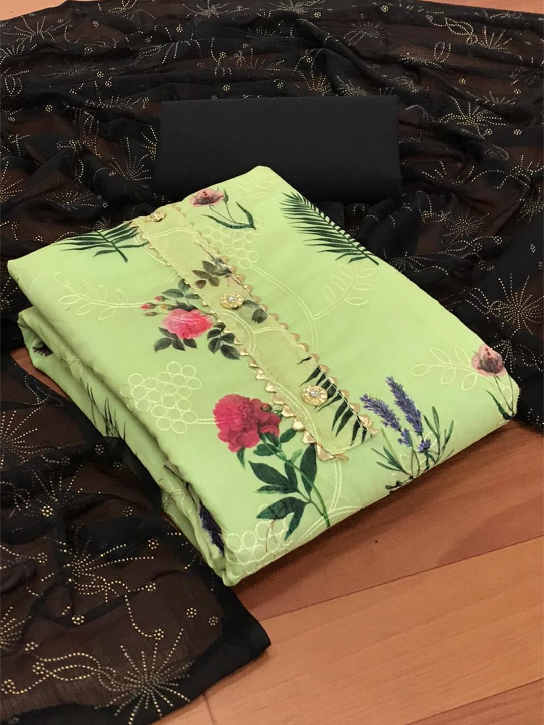 

MORLY Black & Green Dupion Silk Unstitched Dress Material