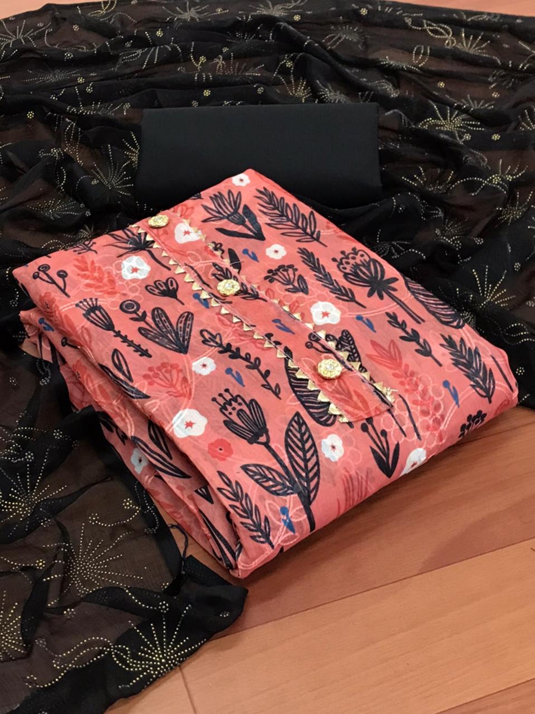 

MORLY Black & Pink Dupion Silk Unstitched Dress Material