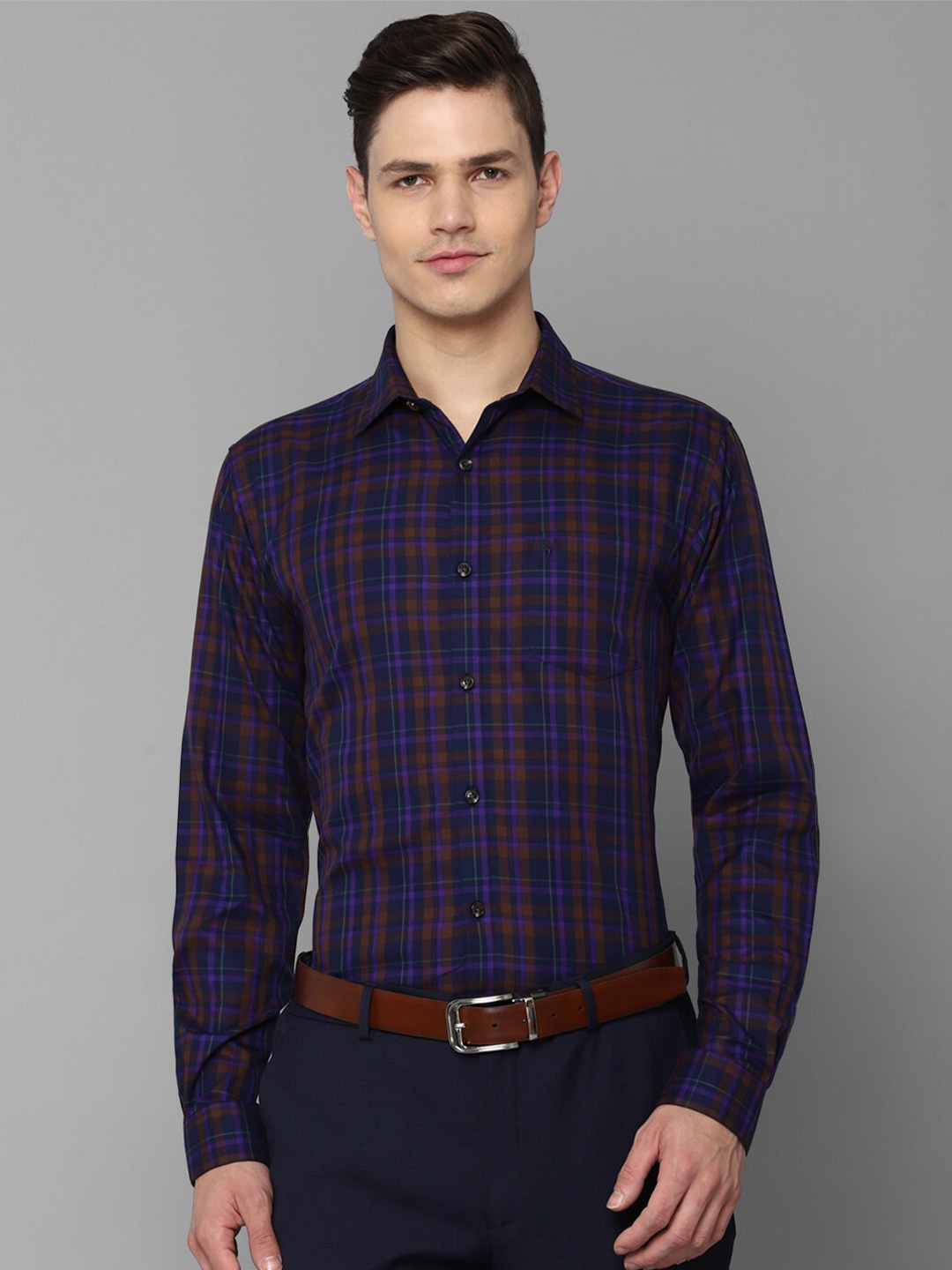 

Allen Solly Men Navy Blue Slim Fit Tartan Checked Pure Cotton Formal Shirt