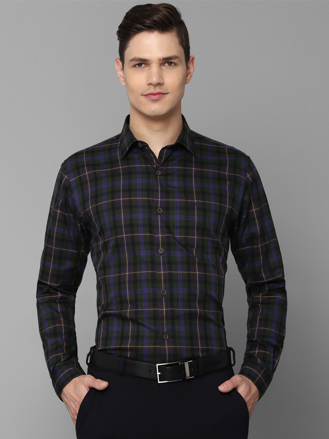 

Allen Solly Men Olive Green Slim Fit Tartan Checked Pure Cotton Formal Shirt
