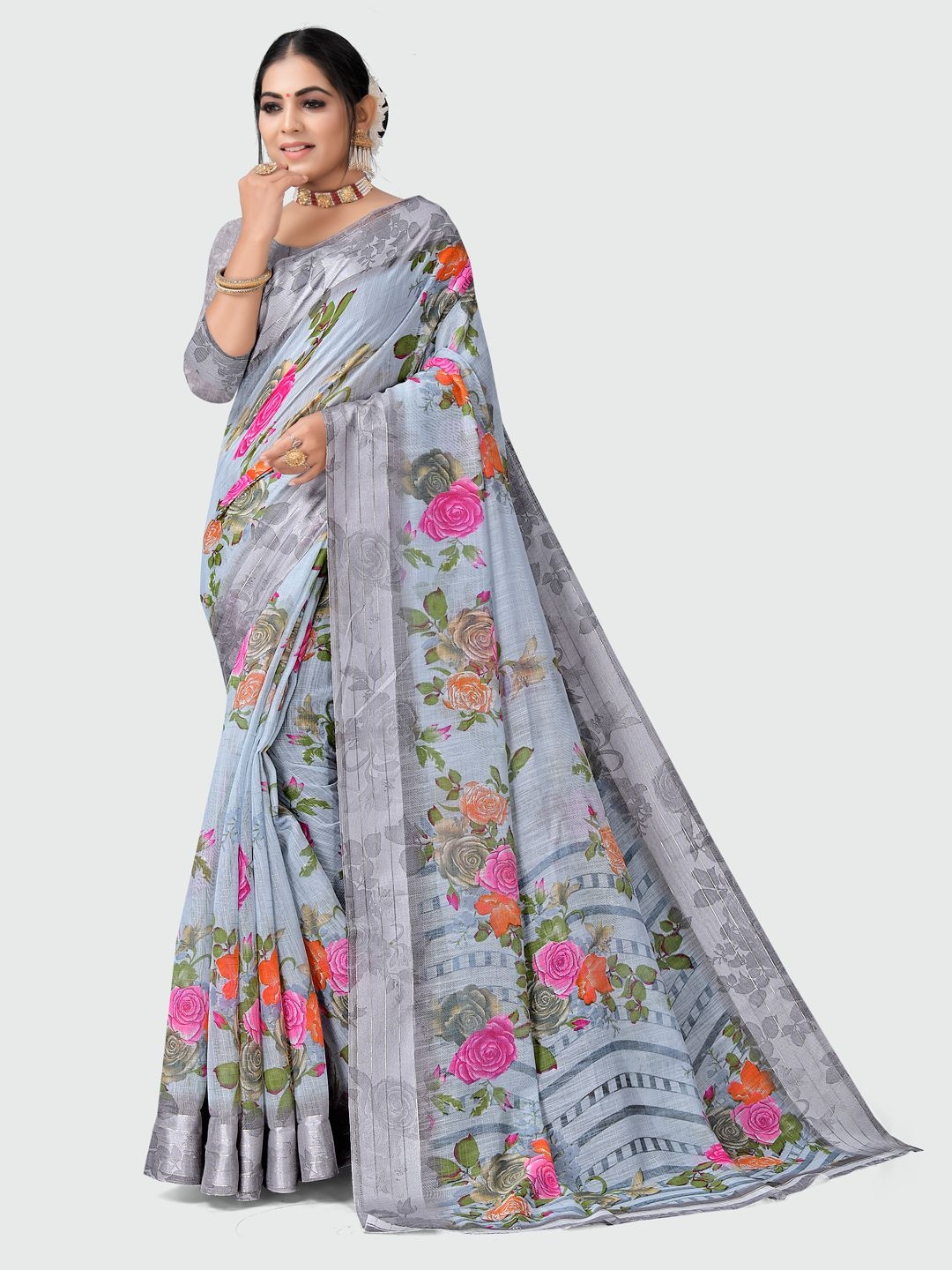 

KALINI Grey & Pink Cotton Floral Printed Saree