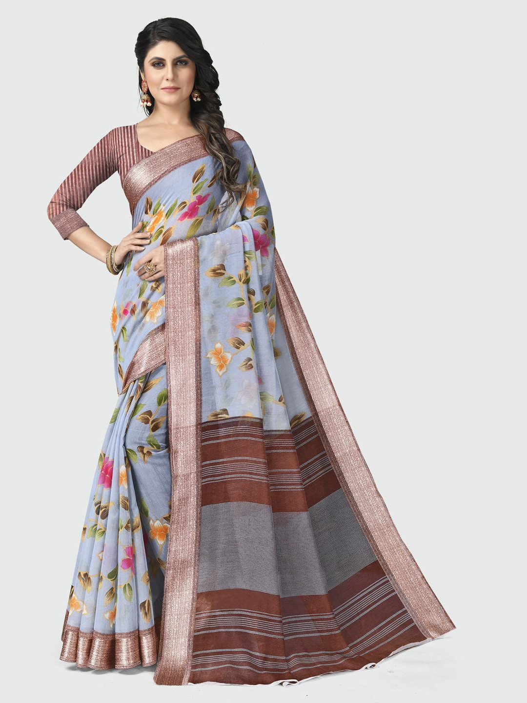

KALINI Grey & Pink Floral Zari Pure Cotton Saree