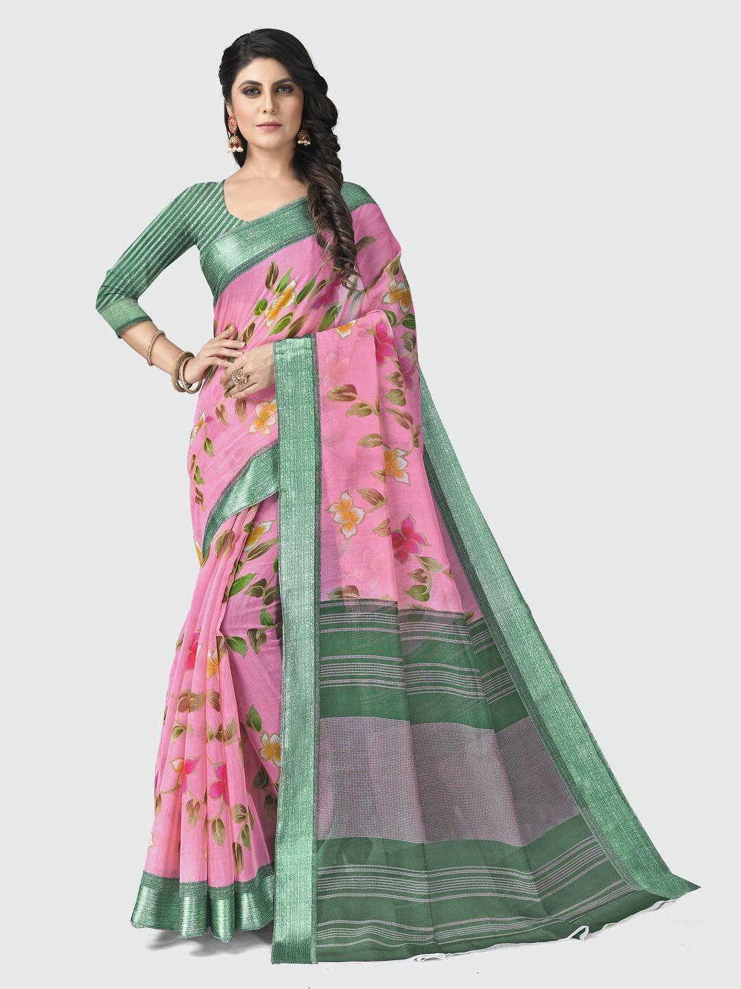

KALINI Pink & Green Floral Zari Pure Cotton Saree