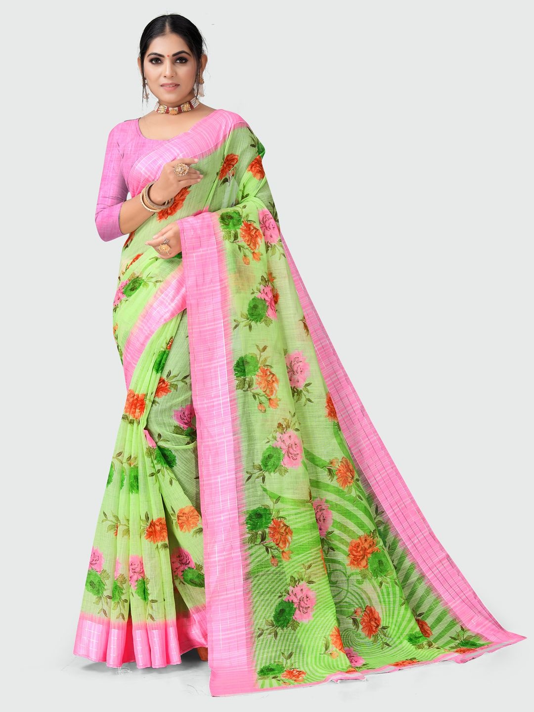 

KALINI Fluorescent Green & Pink Floral Printed Cotton Saree