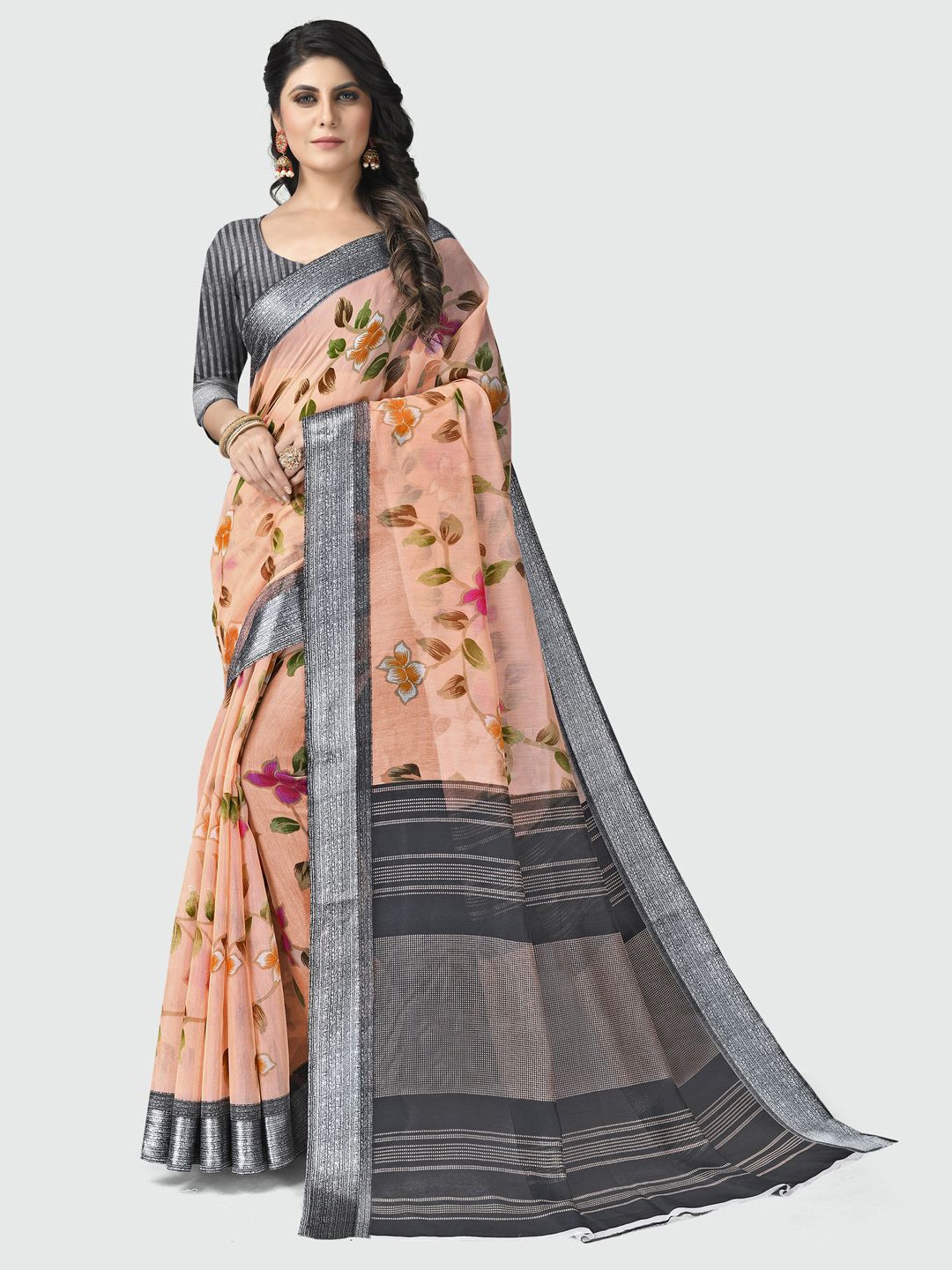

KALINI Peach-Coloured & Grey Floral Zari Pure Cotton Saree