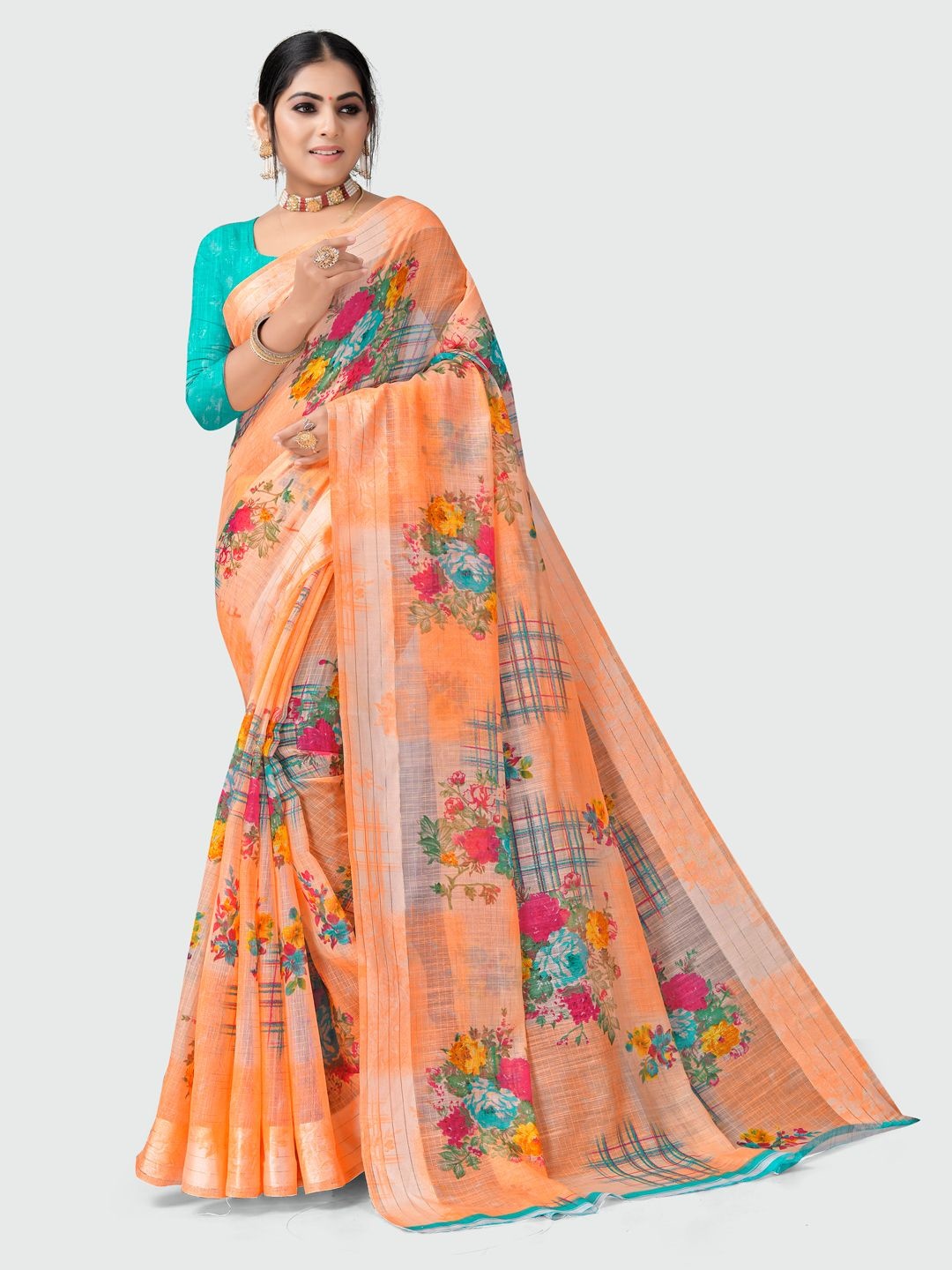 

KALINI Orange & Blue Cotton Floral Printed Saree