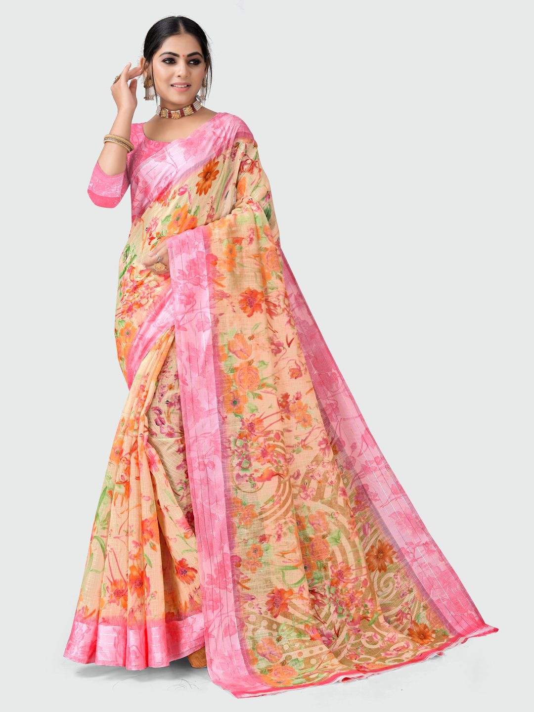 

KALINI Peach-Coloured & Red Cotton Floral Printed Saree