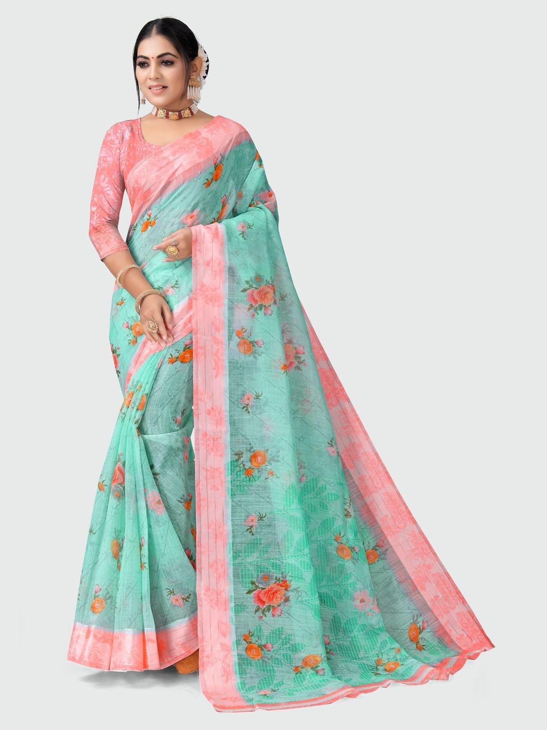 

KALINI Blue & Pink Cotton Floral Printed Saree